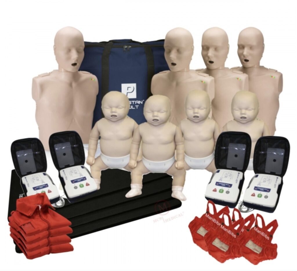 CPR and AED training materials: 4 adult and 4 children mannequins, 4 AED machines with carrying cases